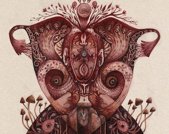 May include: A watercolor painting of a stylized face with intricate details. The face is surrounded by a floral design and mushrooms. The colors are predominantly shades of red and pink.