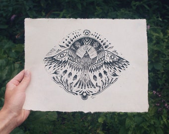 Feather to Palm : Prayer into Flight ~ A4 Linocut Print on Lokta Paper