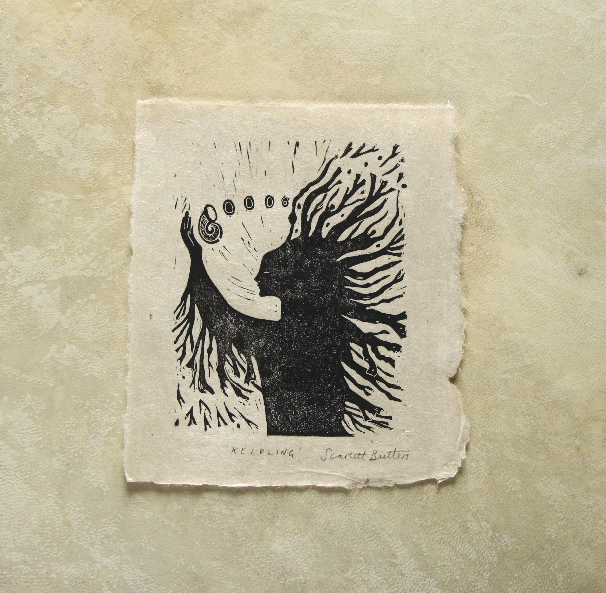 Kelpling - A5 LinoCut Print - Seaweed, Wild Woman, Block Print, Ocean, Wild Swimming, Rockpooling, Fantasy Art, Seashell, Bathroom Print