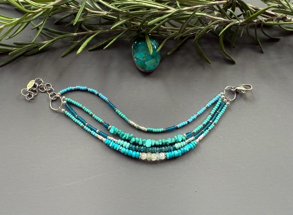 Dainty Turquoise & Moonstone Bracelet, Ocean Blues, Multi Strand Adjustable, Boho Beach Unique