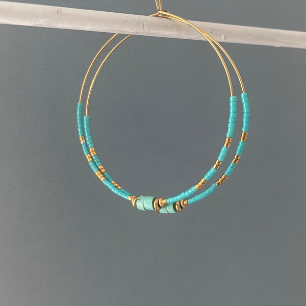 Boho Turquoise & Gold Hoop Earrings / Large Lightweight Hoops / Tiny Beads + Stones / Ocean Blues / Gift /  DanconaDesigns