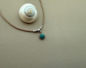 Tiny Turquoise & Silver Pendant Choker, Dainty Boho Beach, Cord Layering Necklace