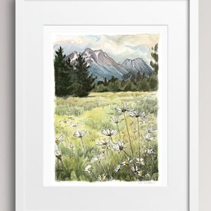 Bergwiese Kunstdruck, Smithers British Columbia, Aquarell und Tuschemalerei, BC, Westküste der USA, Wildblumen