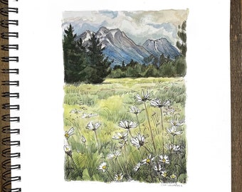 Mountain meadow Giclee Print, Smithers British Columbia, Watercolour and Ink Painting, BC, West Coast, wildflowers