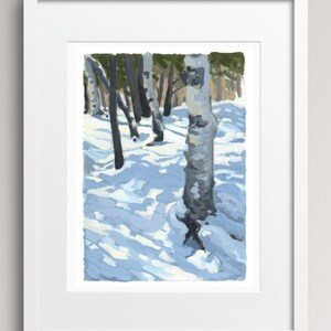 Winter birch scene, Landscape Art, Watercolour, Ink,Painting, blue mountains, Canadian Art, Decor, Nature, birches, snow scene
