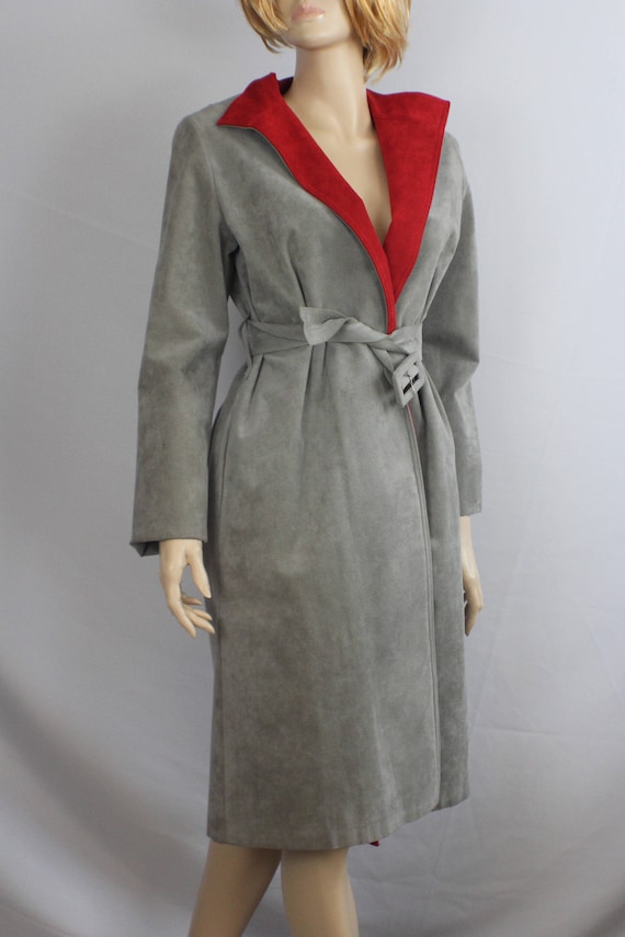 80s leather trench, vintage 1980s coat, gray suede