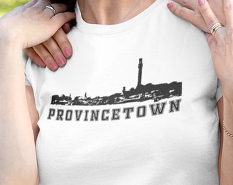 Provincetown Unisex Short-Sleeve T-Shirt, Ptown Skyline Tee, Relaxed Fit Gym Clothing, Cape Cod Crew Neck, LGBTQ Gift
