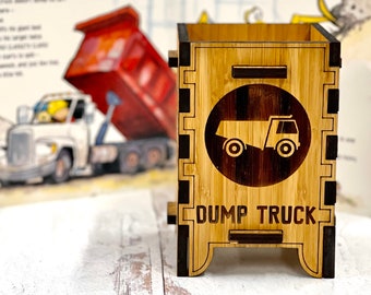 Personalized Dump Truck Money Box for Boys, Kid's Construction Trucks Piggy Bank, Boy’s Backhoe Wooden Coin Bank, Toddler Birthday Present