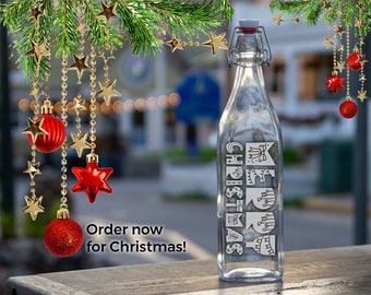 Merry Christmas Etched Water Bottle, Personalized Season's Greetings Holiday Gift, Engraved Swing Top Bottle, XMAS Party Glass Carafe
