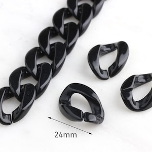 1ft Black Plastic Chain Links, 24mm x 17mm Split Links, Acrylic Chain Bulky, Flat Curb Chain Twisted Links Oval Open Link Chain CH006-24-BK