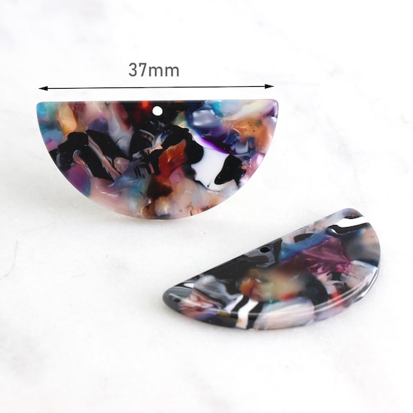 2 große Halbmond-Anhänger in Multicolor, 37x18 flache Halbkreis-Charms-Marmor-Acetat-Ohrringe, Regenbogen-Acrylperle, CN015-37-DMC