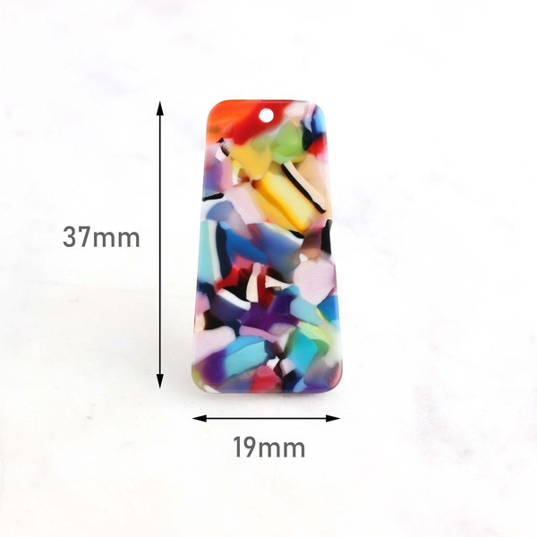 2 Trapezoid Shapes, Rainbow Tortoise Shell Jewelry Findings, Tall Rectangle Blanks, Random Colors, Paddle Bead, Resin Charms, DX021-37-CMC