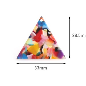 May include: A colorful triangle-shaped pendant made of resin with a mottled pattern of red, yellow, blue, pink, and black. The pendant measures 33mm wide and 28.5mm high.