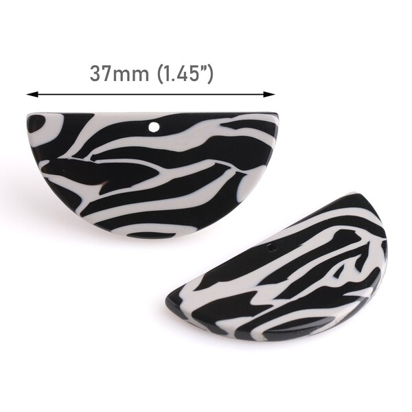 2 Half Moon Charms with Zebra Stripes, Acetate Findings for Earrings, 1 Hole Semi Circle Resin Pendant, Animal Print Beads, HC006-37-BK06