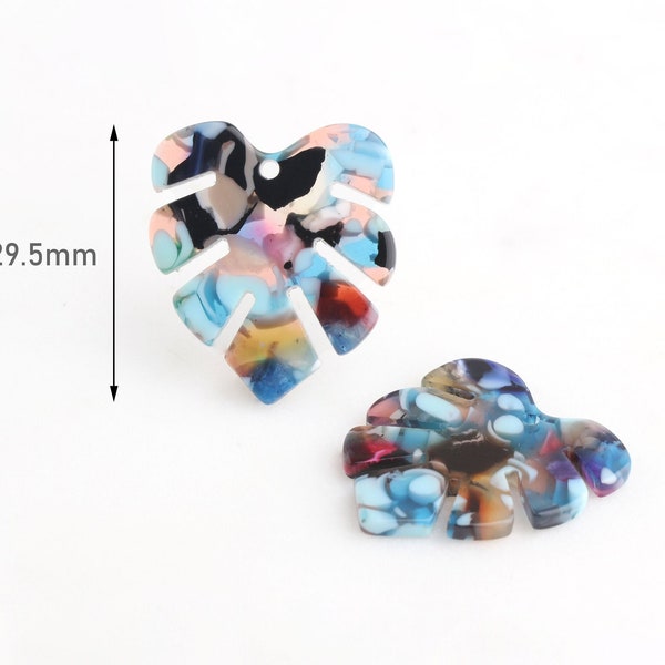 2 Blue Monstera Earring Blanks, Random Colors, Tropical Leaf Beads, Transparent Blue Acetate Charm, Blue Resin Palm Leaf Charm FW019-30-MC03