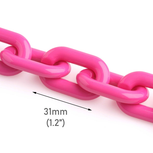 1ft Hot Pink Acrylic Chain Links, 31 x 19mm, Chunky Plastic Chain for Jewelry Making, Necklaces and Purse Straps, Wholesale, CH189-31-PK38