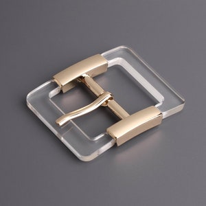 1 Large Clear Lucite Buckle with Shiny Gold Closure, 2 x 1.6&quot; Inch, Square Acrylic Buckle, Contoured, Plastic Purse Making Hardware, MA007