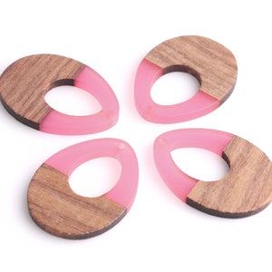 4 Hot Pink Teardrop Pendants, 37 x 28mm, Real Wood and Resin Beads, Epoxy Resin Jewelry Pieces, Bright Pink Earring Charms, TD084-37-WDK2