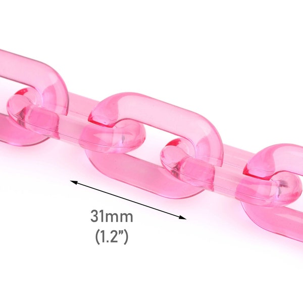 Maillons de chaîne en acrylique rose vif de 1 pied, 31 x 19 mm, transparent, grosse chaîne pour masques, chaîne volumineuse, colliers et poignées de sac à main, CH173-31-PK34