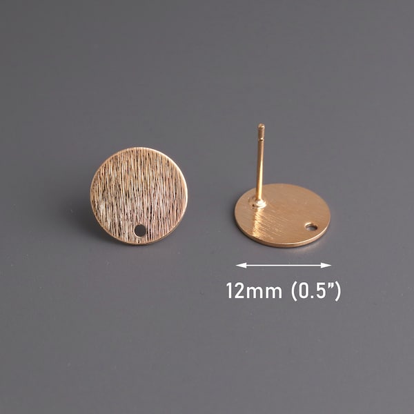 4 pequeños espacios en blanco de aretes de oro con metal cepillado, 12 mm, 1/2" pulgadas, 1 orificio, pequeños discos circulares planos y redondos, fabricación de joyas, EAR138-12-GP