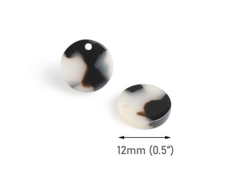 4 Small Round Charms in White and Black, 12mm, 0.5" Inch, 1 Hole, Flat Circle Discs, Monochromatic Bead, Jewelry Supply Piece, CN338-12-WT01