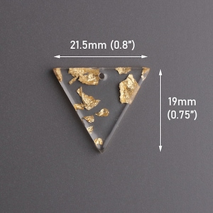 May include: A clear triangle-shaped resin pendant with gold leaf flakes embedded inside. The pendant measures 0.8 inches wide and 0.75 inches tall.