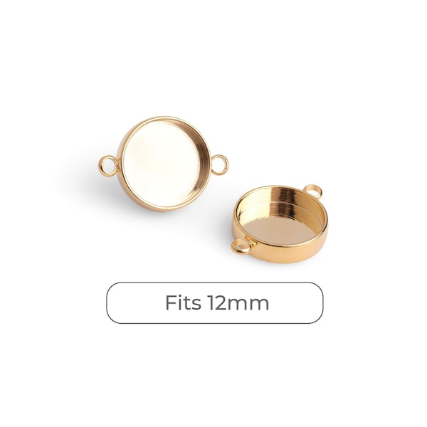 4 Round Bezel Connectors in Gold Plated, Fits 12mm Cabochons, 2 Loop Holes, Metal Brass, Deep Bezel Cup Settings, Findings, BEZ013-12-GP