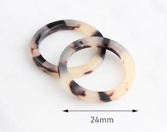 4 White Tortoise Shell Rings 24mm - 25mm, Vintage Tortoise Flat Round Links Donut, Lucite Plastic Big Hole Beads Large Ring Link RG055-24-WT