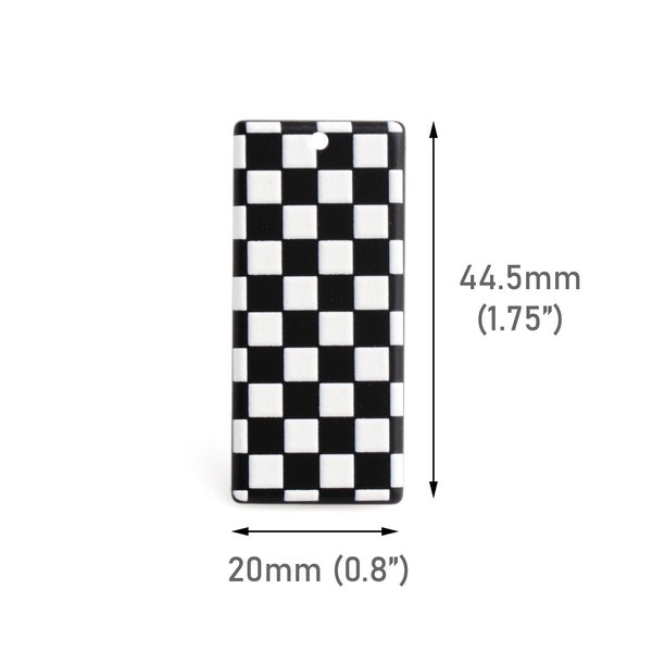 2 Checkered Rectangle Charms, 44.5 x 20mm, 1 Hole, Textured Plastic Beads, Checker Board Pattern, Earring Making Crafts, DX146-45-BW04