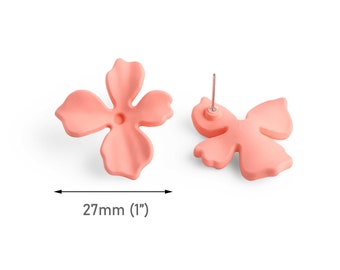 Matte Pfirsich Blumen-Ohrstecker Zubehör, 1 Paar, 28,5 x 27 mm, Acryl, super klobig, Rosa Orange, Ohrstecker Rohlinge, EAR103-24-OG08
