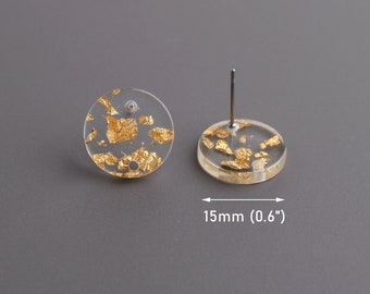 4 klare Acryl-Ohrringteile mit Goldfolienflocken, 15 mm kleiner runder Kreis, Punkt-Ohrring mit Stift DIY, 1/2" Zoll, EAR077-14-CGF