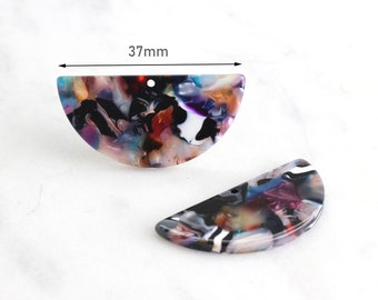 2 Large Half Moon Pendants in Multicolor, 37x18 Flat Half-Circle Charms Marble Acetate Earrings Findings, Rainbow Acrylic Bead, CN015-37-DMC
