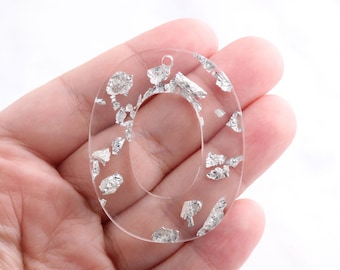 2 Transparente Acryl Rohlinge, Klare Silberfolie, 5 cm Oval Anhänger, Plexiglas Ohrringe, Glitzer Acryl Blatt Silber, VG028-50-CSF