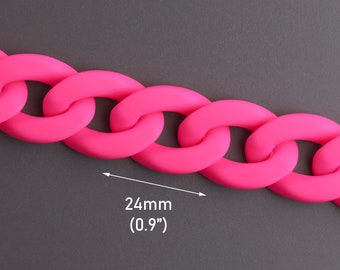 1ft Matte Neon Pink Plastic Chain Links, 24 x 17mm, Flat Curb Connectors, Cuban Link Necklaces and Bracelets, Bright Colors, CH273-24-PK48