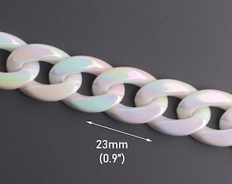 Eslabones de cadena de acrílico blanco ópalo de 1 pie, 23 x 17 mm, arco iris holográfico, colores Kawaii, eslabones cubanos retorcidos, hallazgos de cadena de joyería, CH221-23-W23