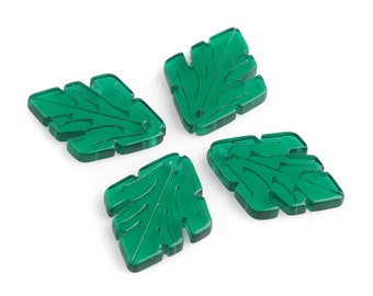 2 Forest Green Leaf Beads, 1" x 0.75" Inch, 1 Hole, Transparent Green Acrylic Charms, Engraved, Laser Cut Bead, Jewelry Charm, FW101-25-GN51