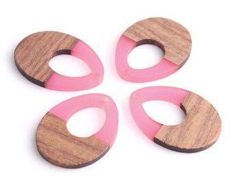 4 Hot Pink Teardrop Anhänger, 37 x 28 mm, Echt Holz und Harz Perlen, Epoxidharz Schmuckstücke, Hellrosa Ohrring Charms, TD084-37-WDK2