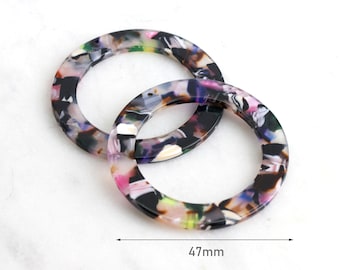 2 Huge Ring Connector in Multicolor Tortoiseshell, Rainbow Link Acetate, Marble Resin Hoop, Extra Large Circle Ring Round Links RG020-47-KMC