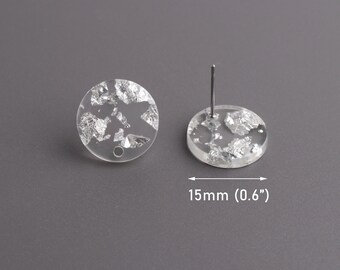 4 Ohrstecker aus klarem Acryl mit silbernen Flecken, 15mm, kleine runde Ohrstecker mit Loch, Punkt Ohrstecker, Silberfolie Flocken, EAR090-15-CSF