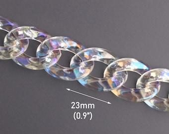 1ft Opal Clear Acrylic Chain Links, 23x17mm, Iridescent Rainbow, Lucite Mask Chain, Transparent Plastic Chain with Cuban Link, CH175-23-CL02