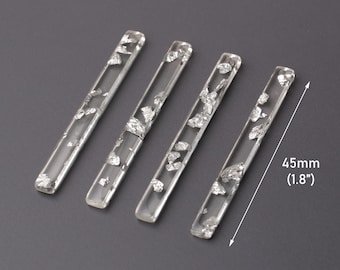 4 varillas de amuleto largas con hojuelas de lámina de plata, 45 x 4 mm, accesorios de joyería de acrílico transparente, amuletos de barra vertical para collares, BAR071-45-CSF