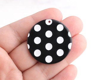 4 espacios en blanco de disco grandes, puntos blancos negros, círculo redondo de 35 mm, lunares, círculo de acetato negro, amuleto de un lado, amuletos estampados, CN139-35-BDOT