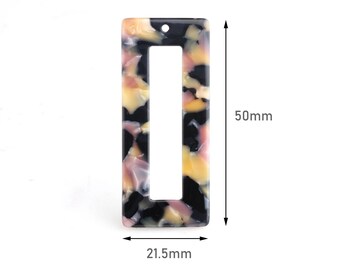 2 espacios en blanco de rectángulo abierto, 50 x 21 mm, dije rosa amarillo negro, espacio en blanco para pendientes de acetato, cuenta de mármol negro, fornituras de caparazón de tortuga DX056-50-BK02