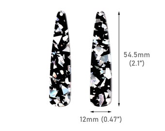 4 Schwarze Tropfen-Anhänger mit Silberfolien-Flocken, 54,5 x 12 mm, Sparkly Holographic Glitter, Schwarze Acryl-Ohrringrohlinge, TD144-54-BKSF