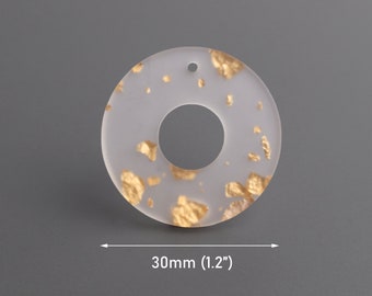 2 Frosted Acrylic Beads with Gold Foil Flakes, 30mm, Matte Finish, Donut Ring Pendants, Clear Washer Charms, Jewelry Making, RG112-30-CGF2