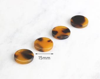 4 Tortoise Bead Charm 15mm, Vintage Tortoise Shell Drop Bead Plastic, Flat Coin Bead Tortoise Pendant, Tortoise Shell Jewelry, CN003-15-TT