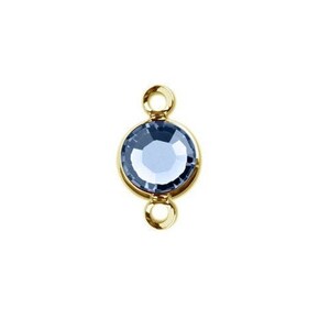 Pode incluir: Conector dourado com um cristal redondo azul no centro. O conector tem dois laços de cada lado para prender joias.