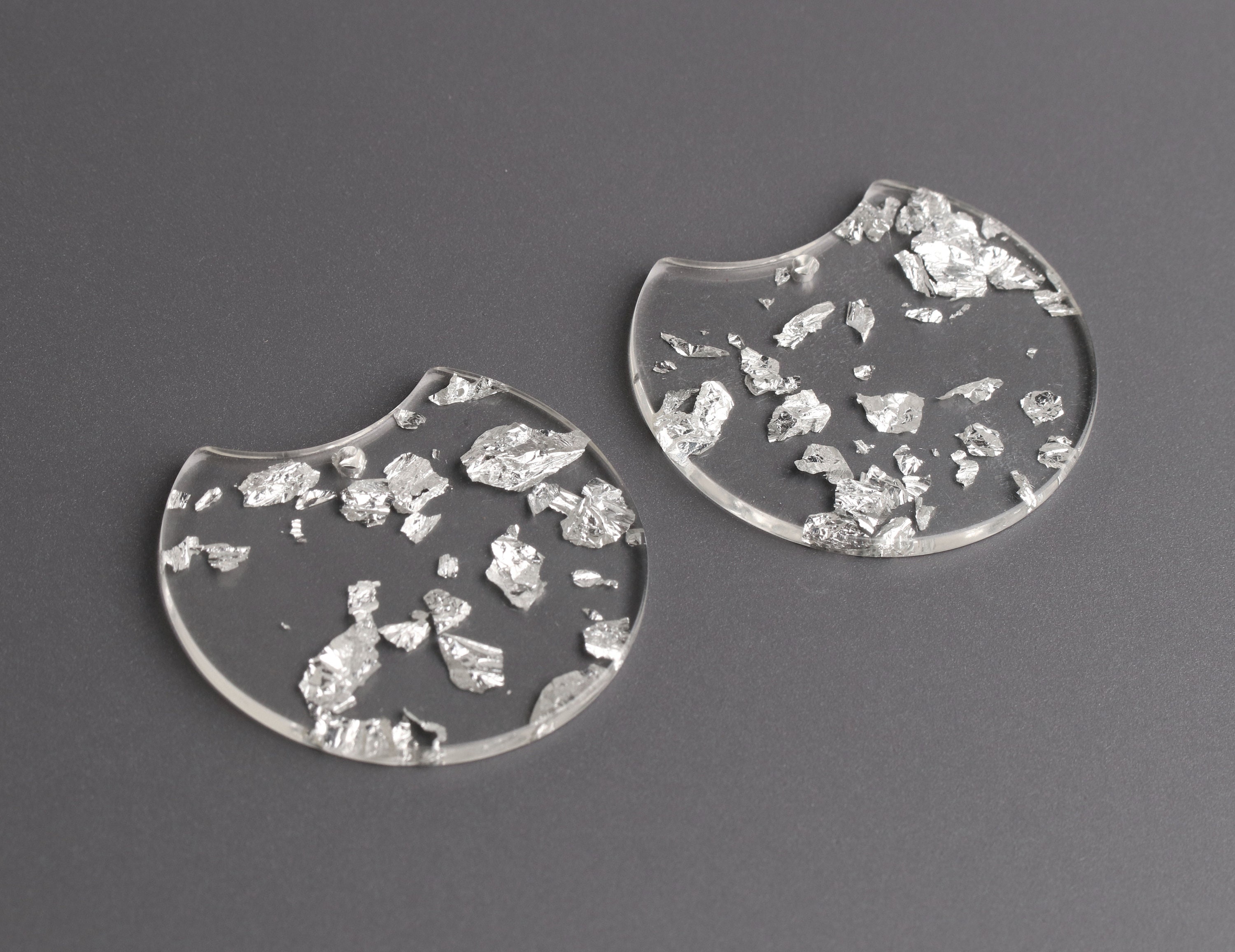 2 Clear Acrylic Charms With Silver Foil Flakes, 37 X 33.5mm