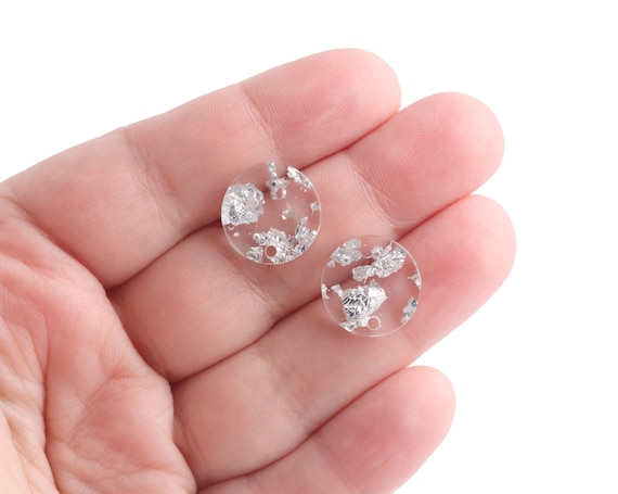 4 parti di orecchini in acrilico trasparente con macchie d'argento, 15 mm, piccole borchie rotonde con foro, borchie a punto, scaglie di lamina d'argento, EAR090-15-CSF - Italia