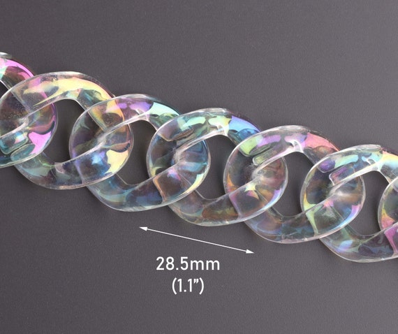 Opal Clear Acrylic Chain Links, 1ft, 28.5 x 24mm, Rainbow Iridescent Chain, Transparent Plastic Chain for Purse and Bracelets, CH123-28-CL02
